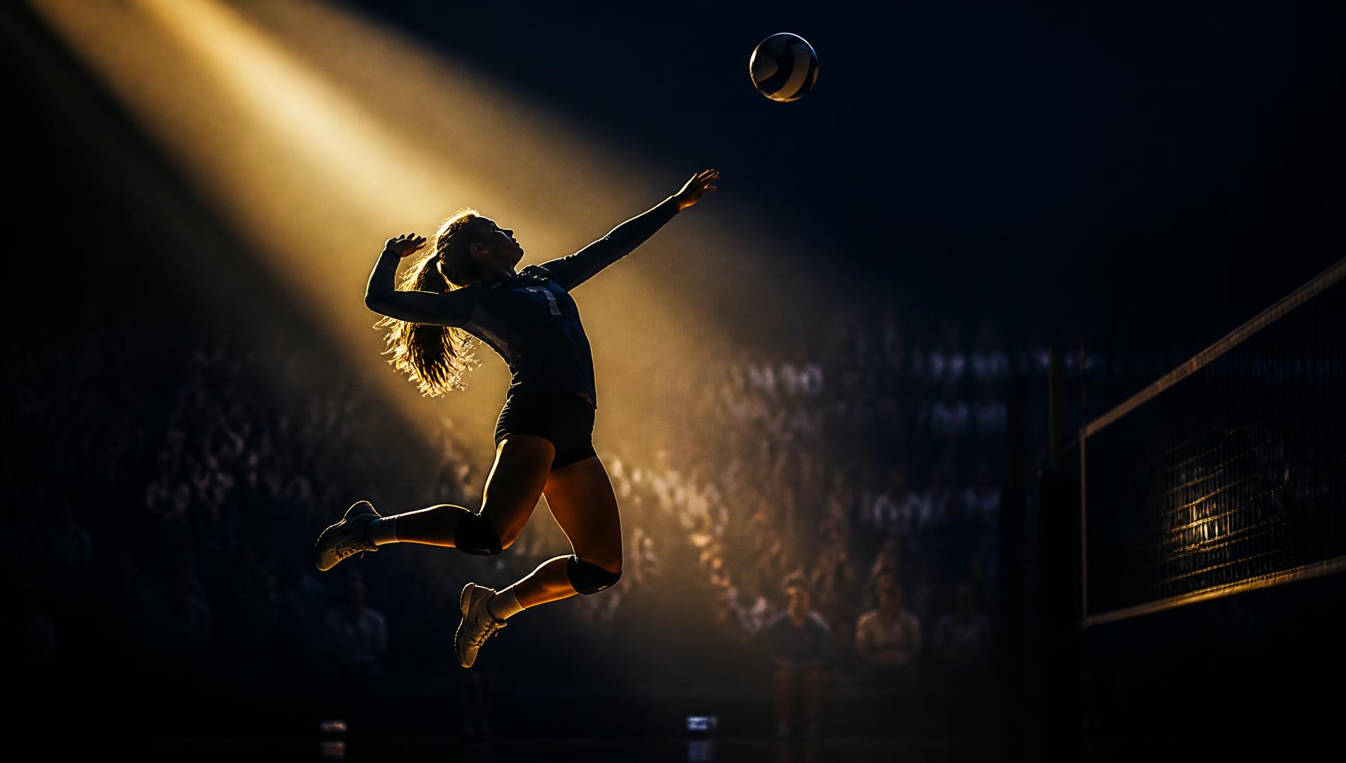 Foothill Falcon outside hitter rising for a spike under the gym lights